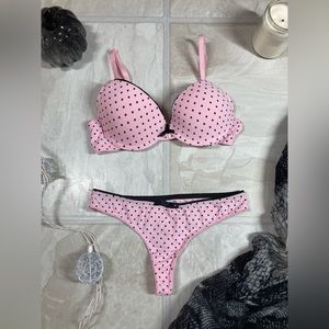 Used forever 21 bra pantie set pink black polkadot thong 32B